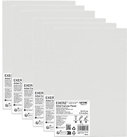 Exerz Panneaux de Toile 10x15cm 6pcs, 3mm Cartons Entoilés en Toile 100% Coton, 280 g/m², Blancs, Triple Apprêt Sans Acide, Grain Moyen - Huile, Gouache et Acrylique