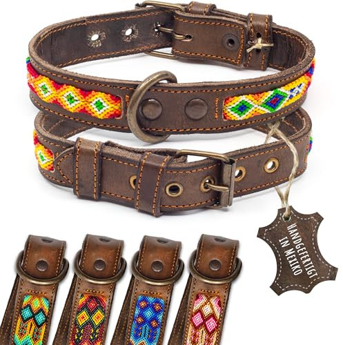 ALTEZAR Lederhalsband Hund - Doppelt Tribal Bestickt Farbenrausch Braun - Hochwertig verarbeitetes Hundehalsband Leder - Handgemacht in Mexiko - Größe S - Halsband Hund für kleine Hunde Leder breit