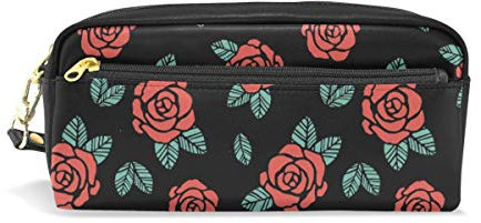 Rosen Rockabilly Stil Federmäppchen Federtasche PU Leder Büro Schule Student Schreibwaren Bleistift Stift Organizer Kosmetik Make-up Etui Tasche für Mädchen Jungen Kinder Erwachsene