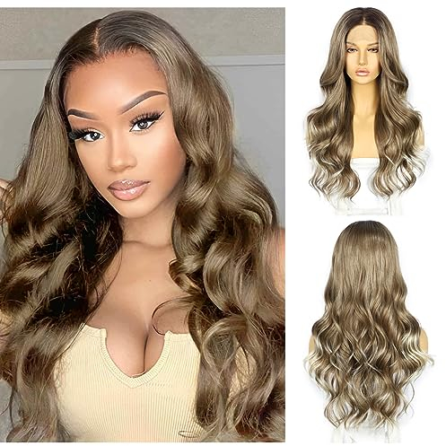 Sapphirewigs Highlight Lace Front Perücke Braun Synthetische Körper Welle Perücken Damen Party Datum Tägliche Tragen Natürlich Aussehen Weihnachten 26inch