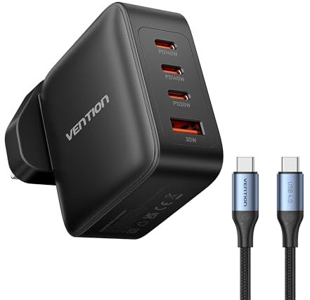 VENTION 140W USB C Charger - 4 Ports PD3.1 GaN MacBook Pro Charger with 1.5M USB 4.0 Cable [Compatible Thunderbolt 4/3], for MacBook Pro 16''/15/14''/13'', iPad Pro, iPhone 15 -Black