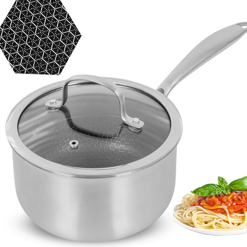 AUDANNE Stielkasserolle mit Deckel, 2,0 Qt Hybrid-Honigwaben-Edelstahl-Saucentopf, spülmaschinen- und ofenfreundlich, kompatibel mit allen Herdarten
