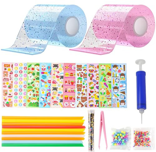 Delsen 27 Stück Nano Tape Bubbles Set,Blowing Bubble Tape, Nano Klebeband Set, Nano Klebeband Bubble DIY für Kinder, DIY Craft Blow Bubbles, Bubble Tape Toy Kit mit Pailletten Aufkleber
