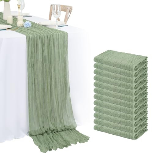12 Stück Salbeigrün Seihtuch-Tischläufer, Rustikaler Gaze-Tischläufer 55x 180cm, Käsetuch Boho-Hochzeit Tischdecke für Hochzeitsfeier Brautparty Tischdekoration