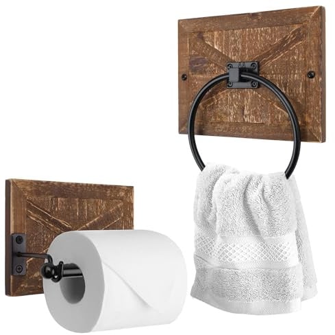 Autumn Alley Farmhouse Toilet Paper Holder and Towel Ring, Wall Mount, 2 Set - Barn Door Wall Toilet Paper Holder and Bathroom Hand Towel Holder Decor, Wooden, Brown