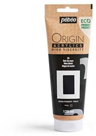 PEBEO - Origin Acrylics 120 ml - Eco-designed Acrylic Paint - High Viscosity - Matt Finish - 100% Recycled Binder - 96% European Raw Materials - Mars Black