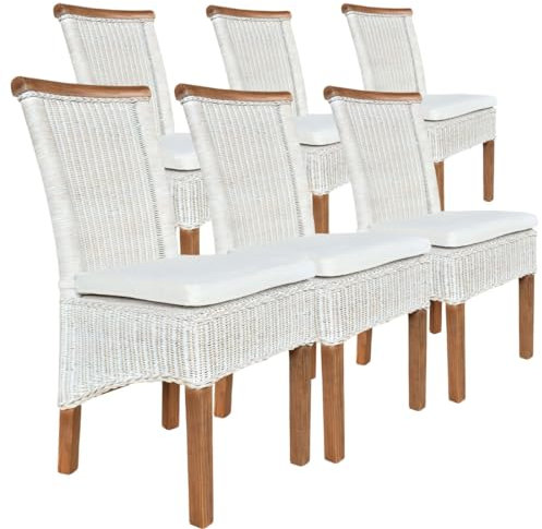Amago home Esszimmer-Stühle Set Rattanstühle Perth 6 Stück Esstisch Stühle weiß Korbstühle nachhaltig Farbe mit Sitzkissen