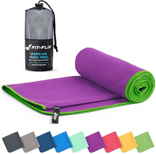 Fit-Flip Microfibre towel - compact, ultra lightweight & quick dry - perfect for gym, travel & beach - swimming towels for sports, camping & hiking (1x 40x80cm pruple-green + bag)