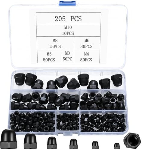 205 Pz Dado Cieco a Calotta Set, Dadi Ciechi Esagonali, DIN 1587 Dadi a Cupola Esagonali per Viti, Dadi Coprenti Esagonali, Copertura Dado Testa Chiusa per Bulloni, M3 M4 M5 M6 M8 M10 Dadi, Nero
