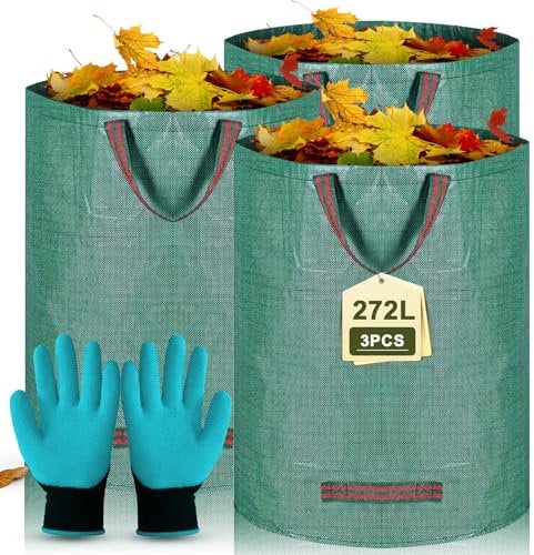 Snarflun 3x Sac Jardinage Déchets 272L Sac Déchets Verts, Sacs de Jardin Indéchirables, Big Bag avec Poignées, Étanche, Pliable, Réutilisable Sacs à Déchets de Jardin, Sac Végétaux Jardin Autoportant
