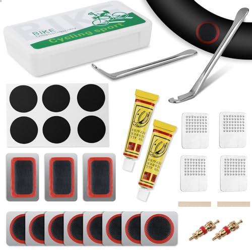 Ainiv Parches Bicicleta Autoadhesivo, 27 Piezas Kit Pinchazos Bici, Parches de Reparación de Bicicletas, con Parche Vulcanizado y Autoadhesivo, Superpegamento, Metal Herramienta de Escofina, etc