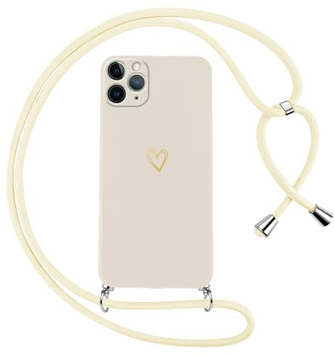 Oelrstfe Handyband für iPhone 11 Pro Hülle mit Band Herz Motiv Handyhülle für zum Umhängen Silikon Stoßfest Ultra Dünn Weich Schutzhülle mit Kordel Necklace Kette Love Muster Case,Weiß