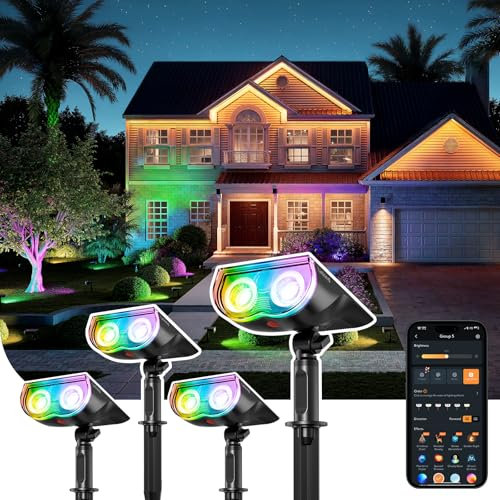 Linkind Smart RGBTW Solar Strahler für Garten, Intelligent 16Mio. Farbe Gartenleuchte mit Gruppensteuerung, Musiksync, Rotlichtalarm, IP65 Aussenstrahler Solar Baumstrahler, SL5C-4 Stück