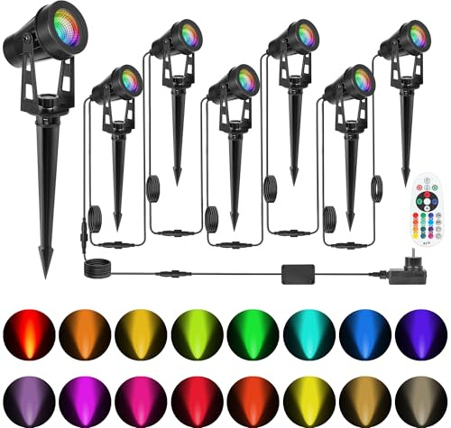 HUAEU RGB LED Gartenbeleuchtung,20m 18W 6er Set Gartenstrahler mit Erdspieß, IP65 Wasserdicht, Außenbeleuchtung für Garten, Hof, Party, Bäume,Gartenlampe Kabel Stecker, Strahler Außen12V