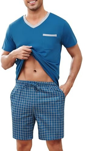 Litherday Pyjama Homme Court Coton Ensembles de Pyjama Homme Été à Col V et Short à Carreaux Vêtements de Nuit Décontracté Vêtements de Détente Doux