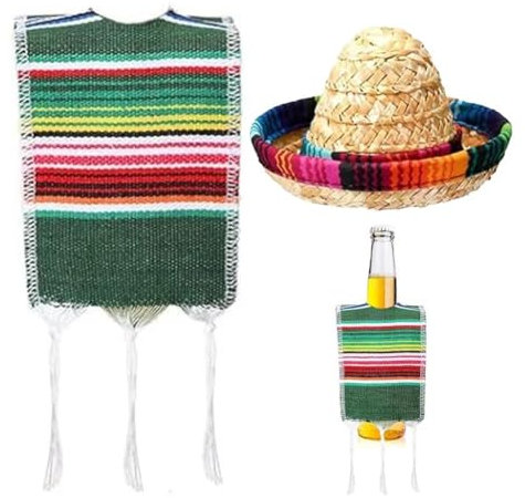 Tsffae 2 Kleine Mexikanische Sombrero-mützen Und Serapes-Ponchos Für Flaschen, Bunter Bier-Poncho-überzug Für Cinco De Mayo Mexikanische Fiesta-Party-Dekoration