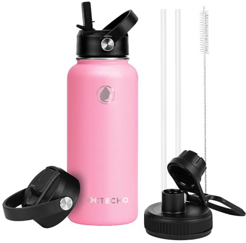 OcTecho Insulated Water Bottles 1L,Stainless Steel Water Bottle, Flasks Water Bottles with Straw, Double Vacuum Metal Water Bottles for 12h Hot & 24h Cold Drinks, 2 Leakproof Lids, BPA Free-Pink