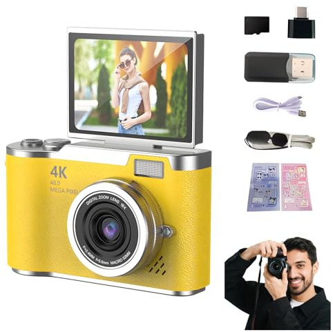 4K Foldable Screen Student Camera, Point and Shoot Digital Cameras with 32GB TF Card, Portable Camera FHD 48MP 4K Digital Camera with 8X Zoom Anti-Shake with Flip Screen (Yellow, Camera Kit)