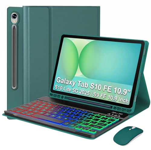 VLEAQC Keyboard Case for Samsung Galaxy Tab S10 FE 10.9/S10 Lite 5G 2025/S9 FE 10.9 Inch/S9 11 Inch 2023, Mouse and Detachable Bluetooth Backlit Keyboard, Lightweight Cover with Pen Holder(Green)