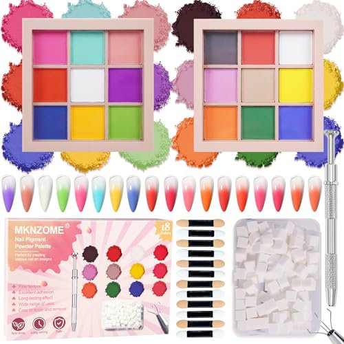 MKNZOME 18 Colours Nail Pigment Powder Palette, Chrome Nail Powder, 100 Pcs Nail Sponges for Ombre with Metal Grabber, Nail Art Tools Nail Art Palette Color Changes for Nail Design, E+F