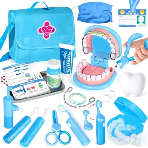 Dentist Toys for Boys with Oversized Pretend Teeth /Removable Teeth /Braces /Retainer - Kids Doctors Play Set - Teeth Model for Teaching - Role Play Toys for Kids 4-6 (Blue)