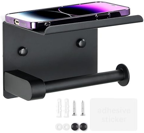 ILLUVA Wall Mounted Toilet Roll Holder with Shelf, Toilet Paper Roll Holder Self-Adhesive & Screw-in, Stainless Steel Toilet Paper Holder for Bathroom, Kitchen, Modern Matte Black Finish