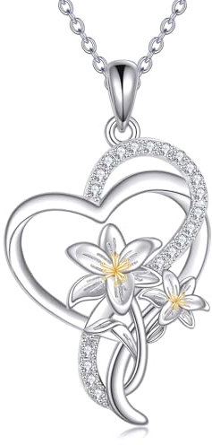 DAYLINLOVE Lily Necklace 925 Sterling Silver Heart Flower Pendant Necklace Lily Jewelry Gifts for Women Mother