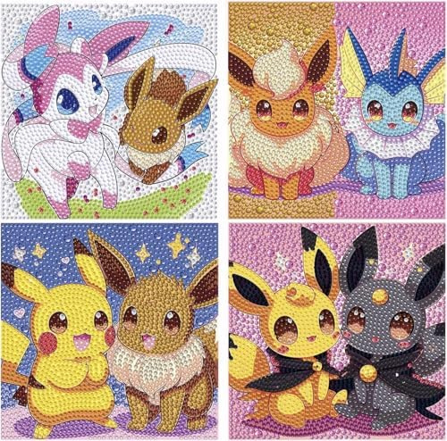 HecticCore 4er Pack Diamant Painting Kinder, Niedliche 5D DIY Diamant Kunst Mosaik Sets für Anfänger, Vollrundbohrer Edelstein-Kunst für Zuhause Wanddekoration,Mädchen Geschenk 15x15cm