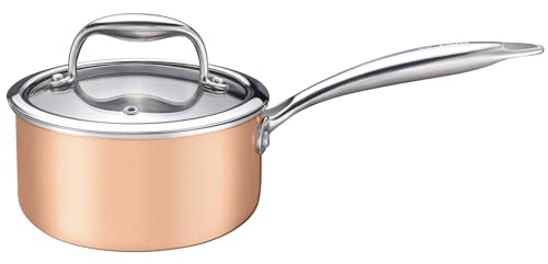 KC-Emier 1-Quart Saucepan with Lid, Tri-Ply Stainless Steel Pot with Stay-Cool Handle & All Cooktop Compatibility (Gas, Ceramic, Electric) - Copper