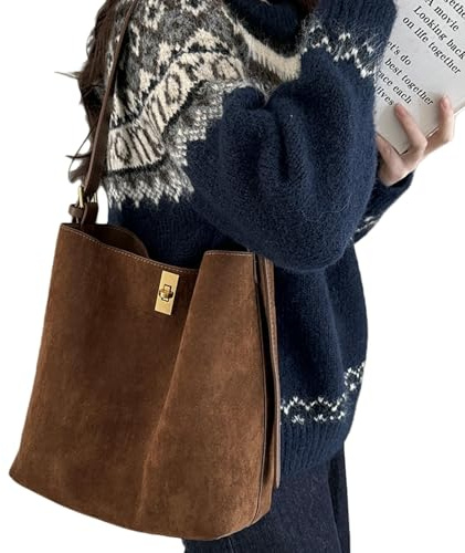 YYDPYZBD Borse da Donna Borsa A Secchiello in Pelle Scamosciata Opaca, Stile Vintage, Grande capacità, Spalla Tracolla -Marrone