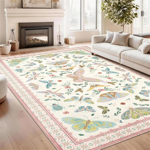 SOANNY Rug Living Room, Soft Washable Non Slip, Beige Pink, 120x160cm | Butterfly, Low Pile, Stain Resistant, Bedroom Living Room Nursery Kids Room Playroom Bedside Office Entryway Home Decor Mat