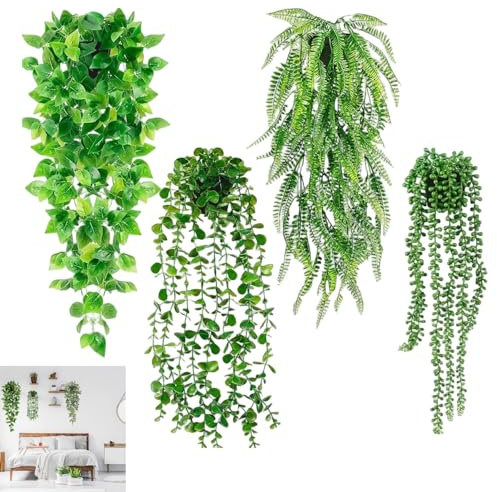 Plante Artificielle Tombante, Lot de 4 Plantes Artificielles Interieur avec Pots, Plantes Artificielles Suspendues, pour L'intérieur et L'extérieur, Bureau, Salon, Décoration Murale