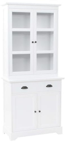 Foknhdi Weißer Vitrinenschrank 80x40x180 cm aus MDF Kiefer antik Stil mit 4 Türen und 2 Schubladen großer Aufbewahrungsschrank für Küche Wohnzimmer Schlafzimmer