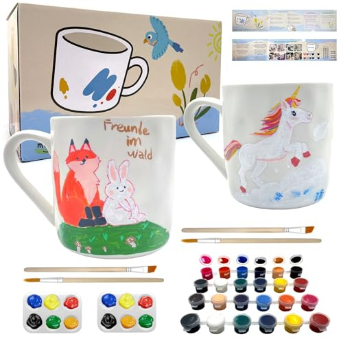 LEOSINYIN Keramik Bemalen Set, Tasse Bemalen Set, DIY Tassen Malset Kreatives Geschenk für Erwachsene Enthält 2*Tassen, 2*Farbwanne, 4*Pinsel, 2 * 12 Farben und Anleitung