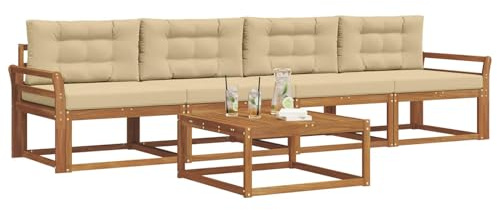 vidaXL Outdoor-Sofagarnitur mit Kissen 5 pcs Natur und Beige, Stylische Gartenmöbel, modernes Sofa-Set, langlebige Möbel für Poolbereich, Bequeme Sitzgelegenheiten für die Terrasse