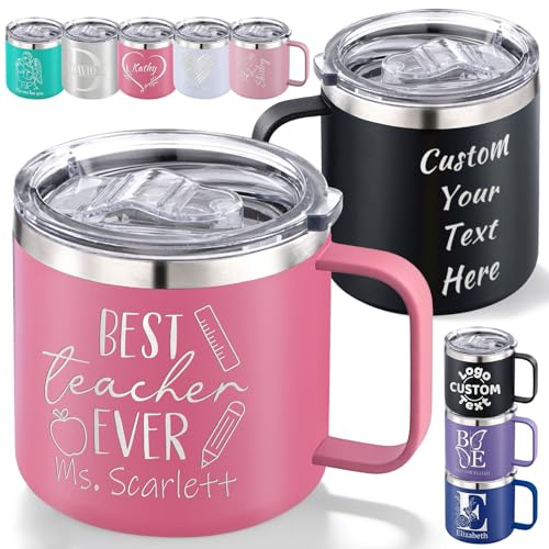 Personalised Insulated Coffee Mug with Name Engraved for Teacher, Custom Stainless Steel Travel Tumbler with Lid Handle Spill Leak Proof Double Wall Thermal Cup Customised Women Men Gift(12oz/14oz)