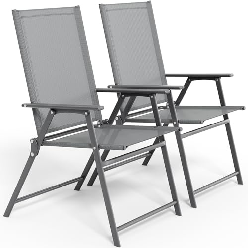LIFERUN Gartenstühle 2er Set, Gartenstuhl Hochlehner Klappbar, Campingstuhl | Balkonstuhl mit Rückenlehne Armlehnen bis 120kg, Metall Gestell, Leicht Klappstuh für Camping, Terrasse, Dunkelgrau