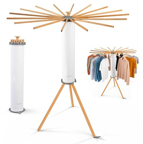Crystals Octopus Clothes Drying Rack Airer – Portable Cloth Airer 16 Arm Wooden Collapsible Pole Tripod Laundry Dryer Horse Stand, Floor Standing Foldable Clothes Hanger for Home Use_White