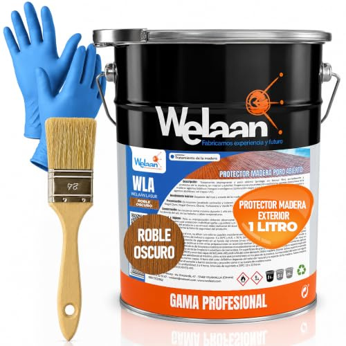 Lasur Protector Madera Exterior - Lasur Barniz Madera Exterior a Poro Abierto,Tarimas, Puertas, Vallas y Muebles - Barniz Madera Exterior Impermeabilizante, Resistente UV y Humedad (Roble Oscuro, 1L)