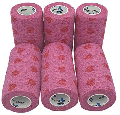PintoMed Selbstklebender Verband, Gedehnt - 6 x Rosa mit roten Herzen -10 cm x 4,5m Bandagen Rollen Haftbandage; Fixierbinde Health Pflaster sport tape Stuk für Handgelenk, Bein, Arm, vet wrap