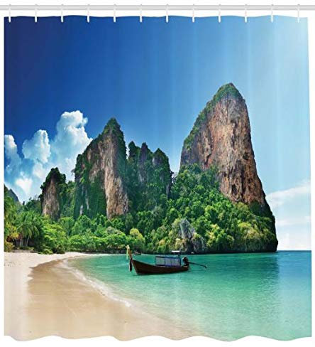 ABAKUHAUS Tropisch Duschvorhang, Thailand Fels Cliff Beach, Stoffliches Gewebe Badezimmerdekorationsset mit Haken, 175 x 200 cm, Türkis Grün