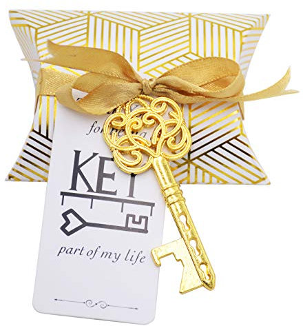 50pcs Favor de la Boda Regalo de Recuerdo Set Almohada Caja de Dulces Esqueleto de la Vendimia Llave Abrebotellas Escort Gracias Etiqueta French Ribbon (Oro Antiguo)