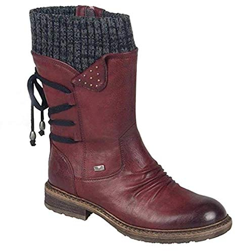 ECOSWAY Donna Mezzo Polpaccio Stivali rétro Similpelle Stivaletti Casual PU Tacco Basso Scarpe Invernali - Rosso Vino, 42