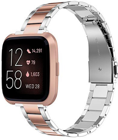 Wearlizer for Fitbit Versa Strap/Fitbit Versa 2 Straps, Stainless Steel Replacement Straps Band for Fitbit Versa Lite Men Women Small Large (Silver & Versa 2 Copper Rose)