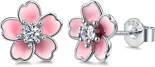 Boucles d'oreilles à tige en forme de fleur rose pour femme, en argent sterling 925, jolies boucles d'oreilles de plumeria pour fille, fleurs de cerisier hypoallergéniques, Argent sterling, Zircone