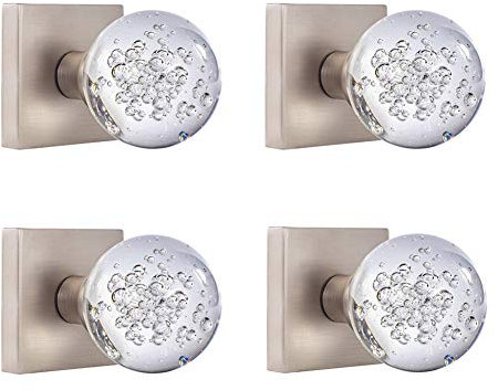 HIEMEY 4 PCS Dummy Bi-fold Door Knob Set, Inactive Hall Closet Door Knobs Interior, Round Clear Bubble Ball Crystal Glass Door Knobs Brushed Nickel, BS-025