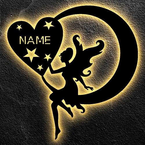 LEON FOLIEN Elfe Fee Name & Herz Sterne Halbmond Mond LED Deko Schlummerlicht Nachtlicht, personalisiert mit Wunsch Namen Lasergravur Abendlicht Kinderzimmer Wohnzimmer Geschenk - in 13 Farben