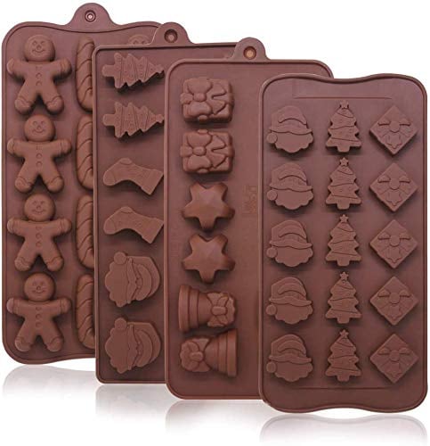 Christmas Silicone Chocolate Moulds, BREEZO 4PCS Candy Jelly Baking Molds Gummy Bread Mold Trays with Christmas Themed Shapes for Chocolate Cake DIY for Xmas Party Cake Decoration