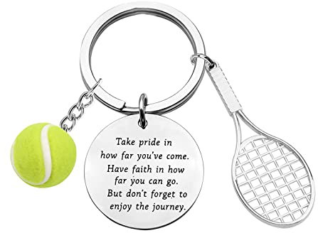 Tennis Gifts Porte-clés avec raquette de tennis et balle, tennis racket 3.1inches; tennis ball 0.8inch, Acier inoxydable,