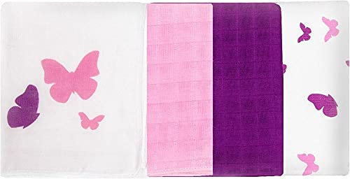 Mulltücher/Mullwindeln/Spucktücher / 4er Pack, 80x80cm, Schmetterlinge Rosa, schadstoffgeprüft Öko-Tex Standard 100, 100% Baumwolle, doppelt gewebt, Premium Qualität